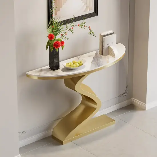 Modern 99 cm Demilune Console Table with White Sintered Stone Top