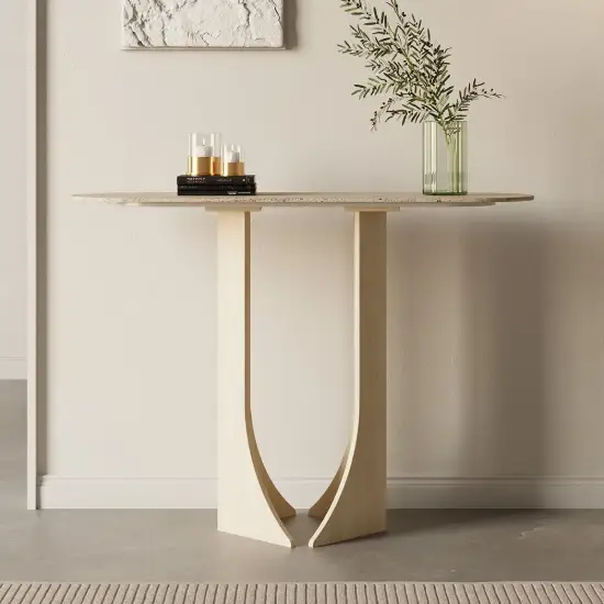 Picture of 1000mm Oval Travertine Stone Console Table Modern Entryway Table with Abstract Base