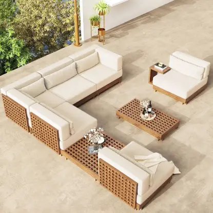 Picture of Grida 9-Piece Outdoor Teak Modular Sectional Sofa Set with Coffee Table in Ivory