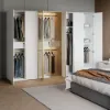 White & Gold Modern Extra Wide Wardrobe with Clear Glass Door Storage with Sensor Light