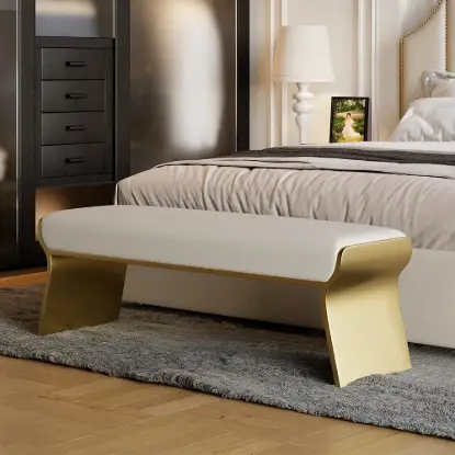 Upart Beige Modern Stainless Steel Bench Leath-Aire Upholstered Bedroom Long Bench – 160cm