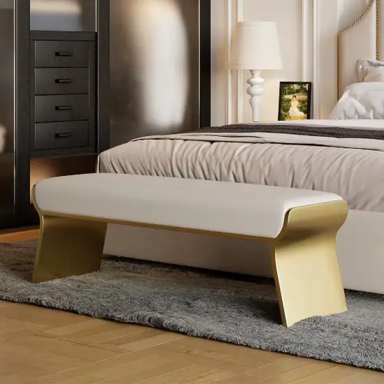 Upart Beige Modern Stainless Steel Bench Leath-Aire Upholstered Bedroom Long Bench – 160cm