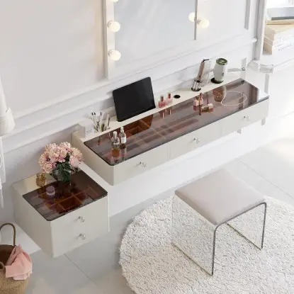 160 cm Modern White Floating Makeup Vanity (Set) with Tempered Glass Top
