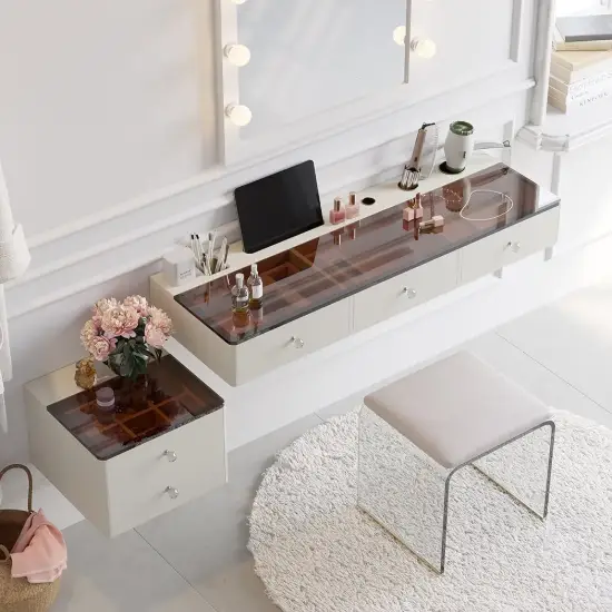 160 cm Modern White Floating Makeup Vanity (Set) with Tempered Glass Top