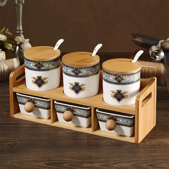 2-Tier 6 Jar Spice Seasoning Jar & Rack Set Ceramic Organizers with Lid in White