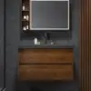 800mm Wall Mounted Bathroom Vanity Concrete Single Sink with Charging Station in Walnut