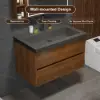 800mm Wall Mounted Bathroom Vanity Concrete Single Sink with Charging Station in Walnut