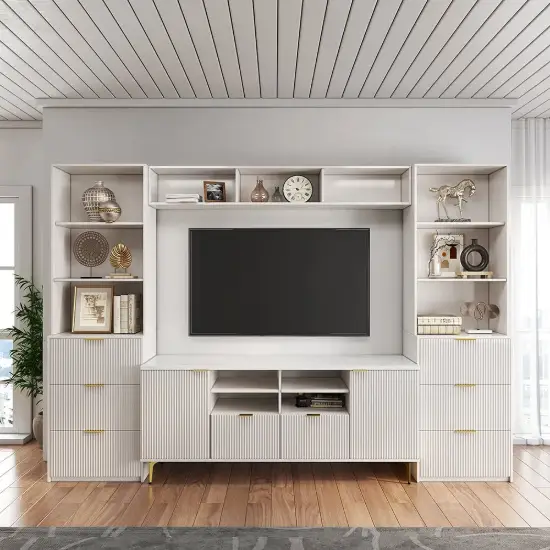 Picture of 2900mm Fluted Wood Storage 4-Piece Entertainment Center with Bookshelf White TV Stand