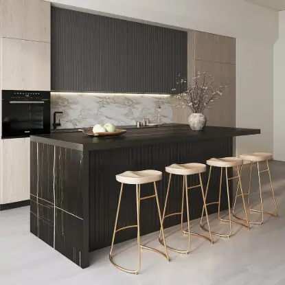 183 cm Kitchen Islands Marble Veneered Top Black Modern with Storage Kitchen Cabinet