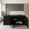 183 cm Kitchen Islands Marble Veneered Top Black Modern with Storage Kitchen Cabinet