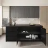183 cm Kitchen Islands Marble Veneered Top Black Modern with Storage Kitchen Cabinet