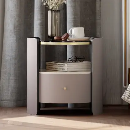 Picture of Gray Round Leather Bedside Table with Sintered Stone Glass Top