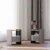Gray Round Leather Bedside Table with Sintered Stone Glass Top