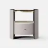 Gray Round Leather Bedside Table with Sintered Stone Glass Top