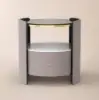 Gray Round Leather Bedside Table with Sintered Stone Glass Top