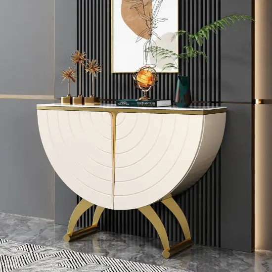 Modern Gold Console Table Sintered Stone Top Entryway Storage Cabinet with Doors – White