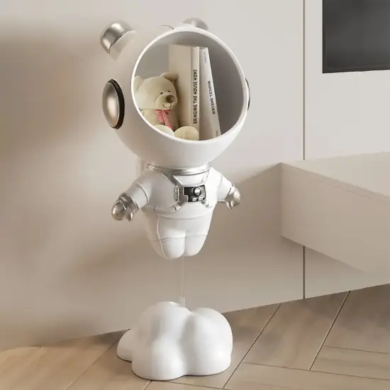Astronaut Resin Figurine Gold Floating Side Table with Storage – White