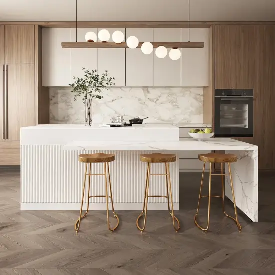 Modern 205 - 270 cm Extendable Marble Pattern Kitchen Island with Doors & Drawers, White – Lsland Doorsdrawers Top