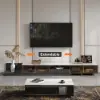 200 - 280 cm Extendable TV Stand with LED Light, Tempered Glass Door Cabinets & Drawer – Sintered Stone