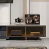 200 - 280 cm Extendable TV Stand with LED Light, Tempered Glass Door Cabinets & Drawer – Sintered Stone