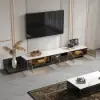 200 - 280 cm Extendable TV Stand with LED Light, Tempered Glass Door Cabinets & Drawer – Sintered Stone