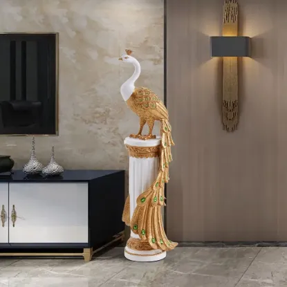 700mm Large Glam Peacock Floor Sculpture Decor Art Living Room Bedroom in White & Gold