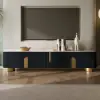 Artis 200 cm TV Stand with Sintered Stone Top, Storage & Gold Legs – Artus Black Doors