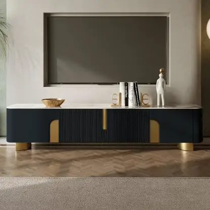 Picture of Artis 200 cm TV Stand with Sintered Stone Top, Storage & Gold Legs – Artus Black Doors
