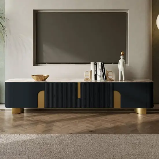Artis 200 cm TV Stand with Sintered Stone Top, Storage & Gold Legs – Artus Black Doors