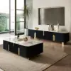 Artis 200 cm TV Stand with Sintered Stone Top, Storage & Gold Legs – Artus Black Doors