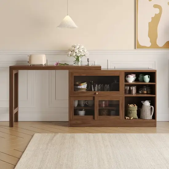 Farmhouse 119 cm Walnut Wood Sideboard with Extendable Top & Cabinets
