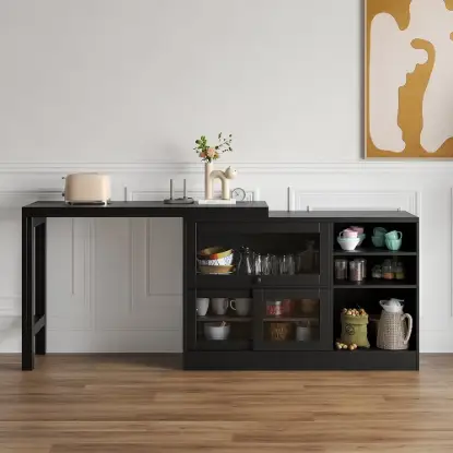 Farmhouse 119 cm Black Wood Sideboard with Extendable Top & Cabinets
