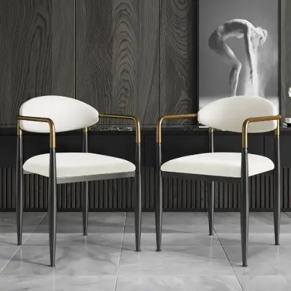 Picture of Otrast White PU Leather Dining Chair Velvet Upholstered Arm Chair (Set of 2)