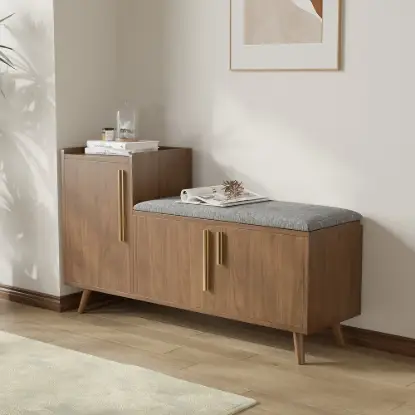 Picture of Walnut Wooden Shoe Storage Bench with Left-Side Cabinet for Entryway (1200mm)