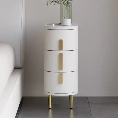 Picture of Off White Leather 3-Drawer Narrow Bedside Table with Sintered Stone Top