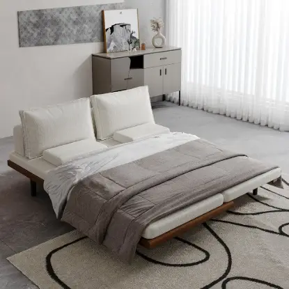Picture of 200 cm 3-Seater Cotton & Linen Convertible Sofa Bed with Pillows – 4 – Mid Century Pull