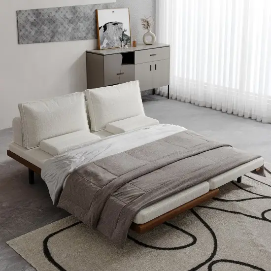 200 cm 3-Seater Cotton & Linen Convertible Sofa Bed with Pillows – 4 – Mid Century Pull