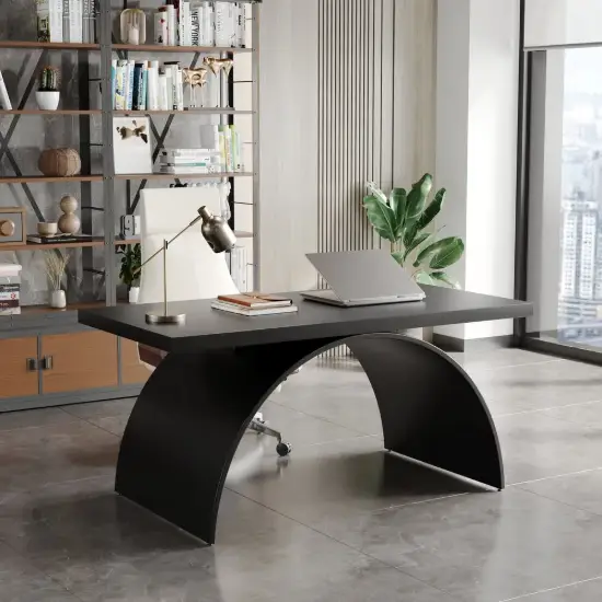 Industrial 160 cm Rectangular Black Wood Desk with Metal Base