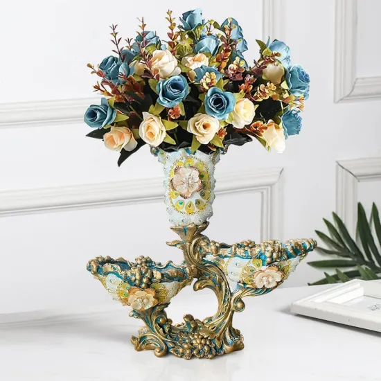 Blue & White 2 Tiered Fruit Basket Plate with Vase Resin Decor Snack Tray