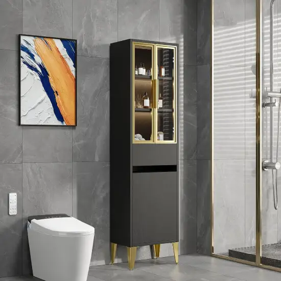 Freestanding Bathroom Storage Cabinet with LED Lighted in Black & Gold