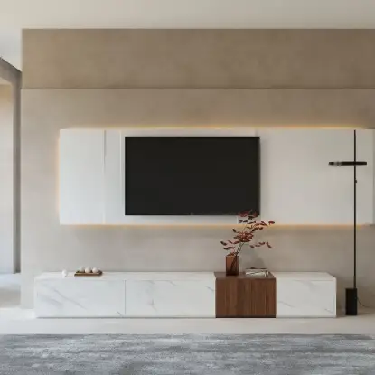 Picture of Vewal Modern Wood Block TV Stand Marble & Walnut Veneer in White with 4 Drawers