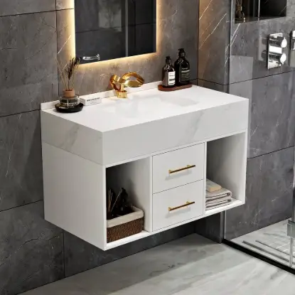 Modern 90 cm Floating Single Bathroom Vanity with Sink, Sintered Stone Top – White – Sinteredstone Vessel Drawers