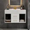 Modern 90 cm Floating Single Bathroom Vanity with Sink, Sintered Stone Top – White – Sinteredstone Vessel Drawers