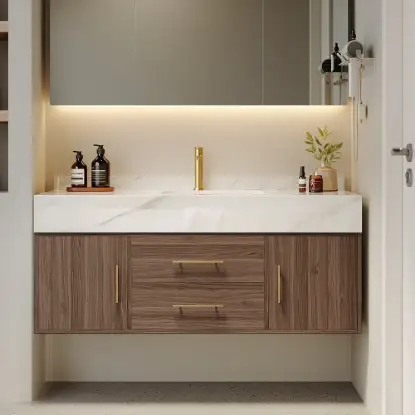 Modern 39" Walnut Floating Single Bathroom Vanity with Sintered Stone Top and Sink – Wall Mounted Cabinet