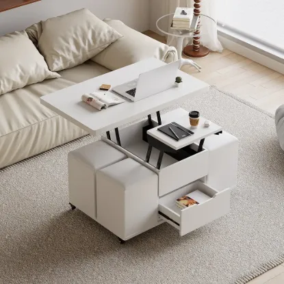 100 cm Lift-Top Foldable White Coffee Table with 4 Stools & Storage