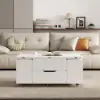 100 cm Lift-Top Foldable White Coffee Table with 4 Stools & Storage