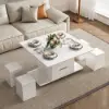 100 cm Lift-Top Foldable White Coffee Table with 4 Stools & Storage
