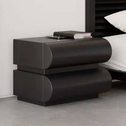 Picture of Humply Black Faux Leather 2-Drawer Nightstand with Charging Station