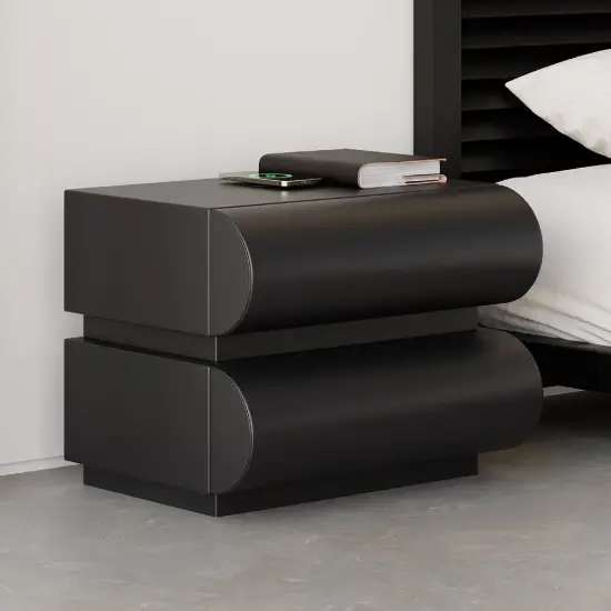Humply Black Faux Leather 2-Drawer Nightstand with Charging Station