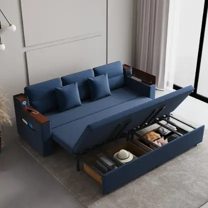Picture of 2108 cm 3-Seater Cotton & Linen Pull-out Sofa Bed with Storage – Blue Full Sleeper